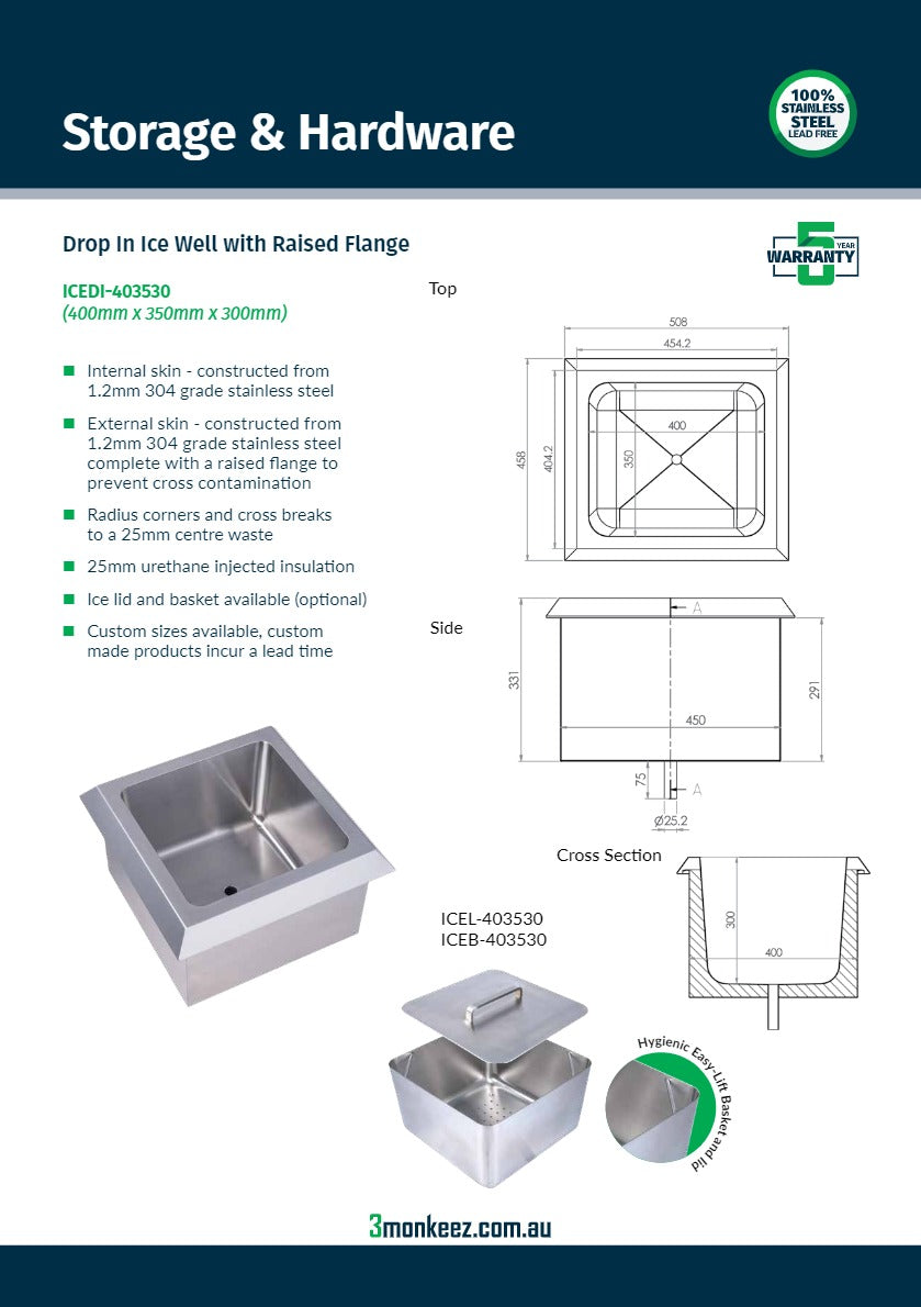 3Monkeez ICED-403530 - Drop In Insulated Stainless Steel Ice Well