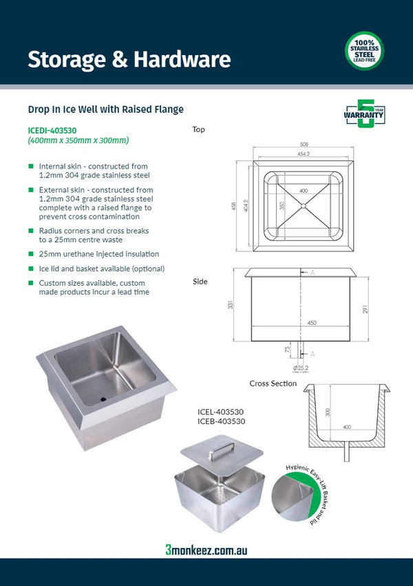 3Monkeez ICED-403530 - Drop In Insulated Stainless Steel Ice Well