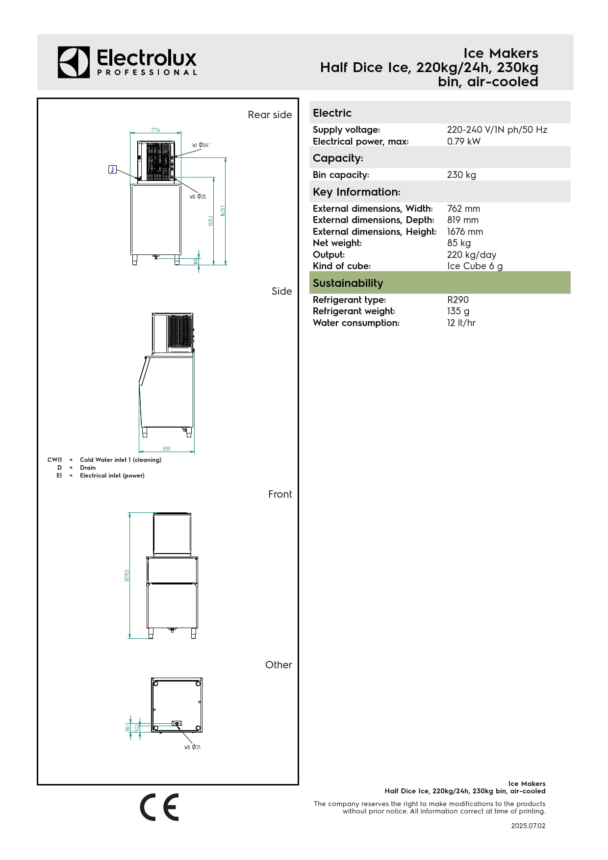 Electrolux Professional IHD220M230SNP - 220kg Modular Dice Ice Machine