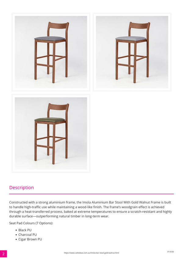 Imola Aluminium Bar Stool with Gold Walnut Frame