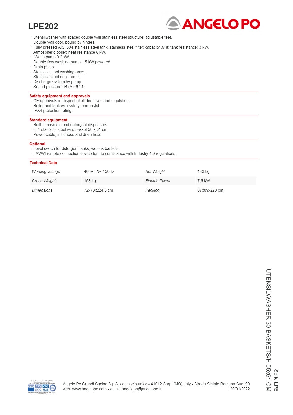 Angelo Po LPE Series LPE202 - Utensil Washer