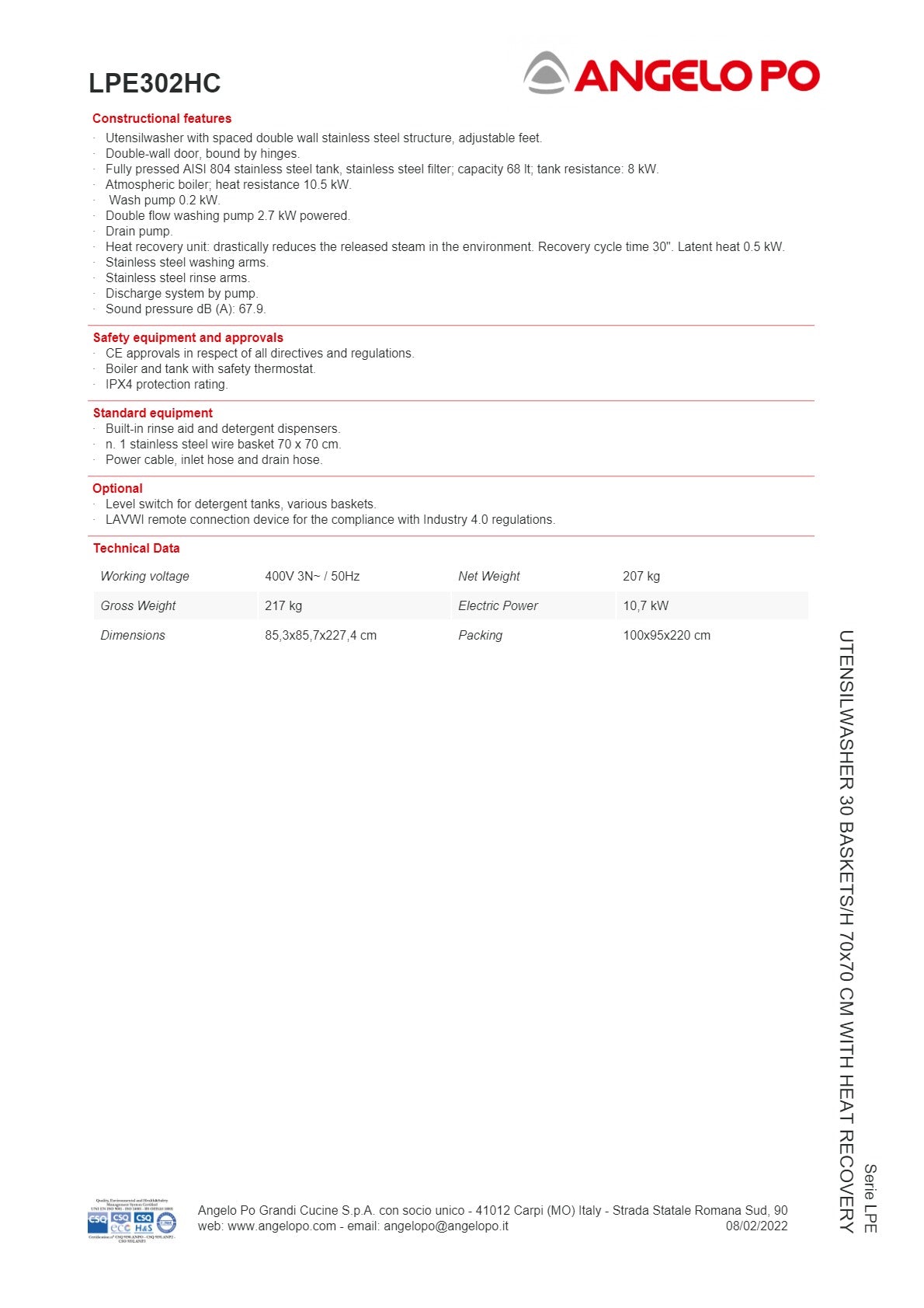 Angelo Po LPE Series LPE302HC - Utensil Washer