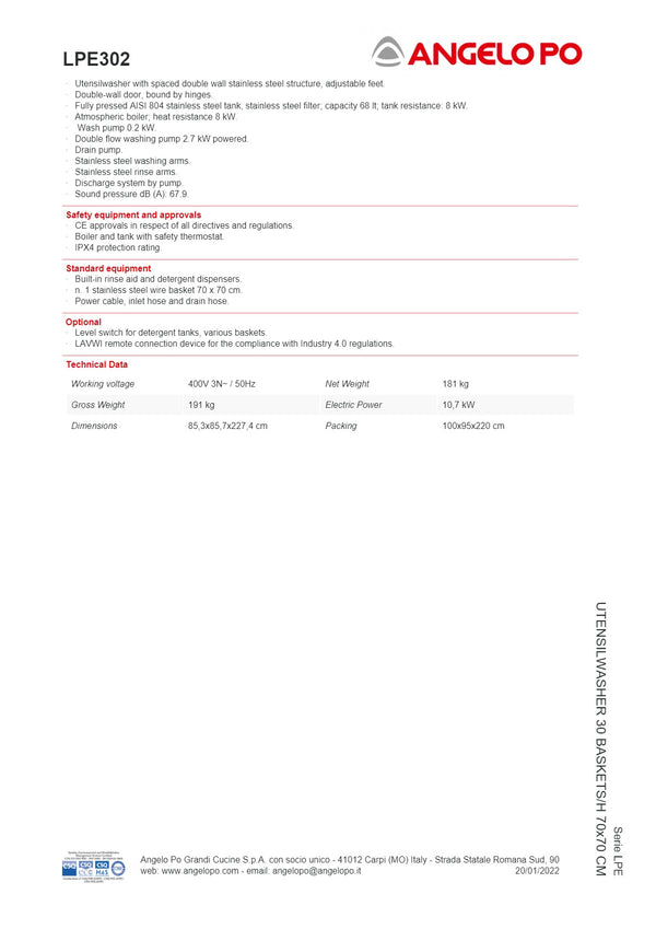 Angelo Po LPE Series LPE302 - Utensil Washer