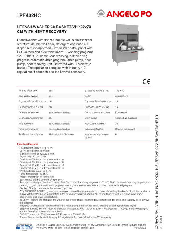 Angelo Po LPE Series LPE402HC - Utensil Washer