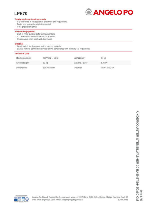 Angelo Po LPE Series LPE70 - Undercounter Utensil Washer