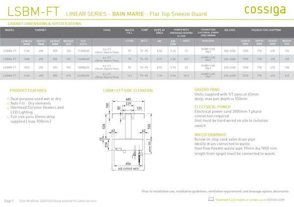 Cossiga Linear Series LSBM5-FT - Bain Marie with Flat Top Sneeze Guard