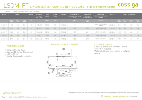 Cossiga Linear Series LSCM6-FT - Ceramic Hotplate with Flat Top Sneeze Guard