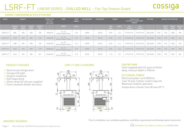 Cossiga Linear Series LSRF5-FT - Drop-In Chilled Well with Flat Top Sneeze Guard