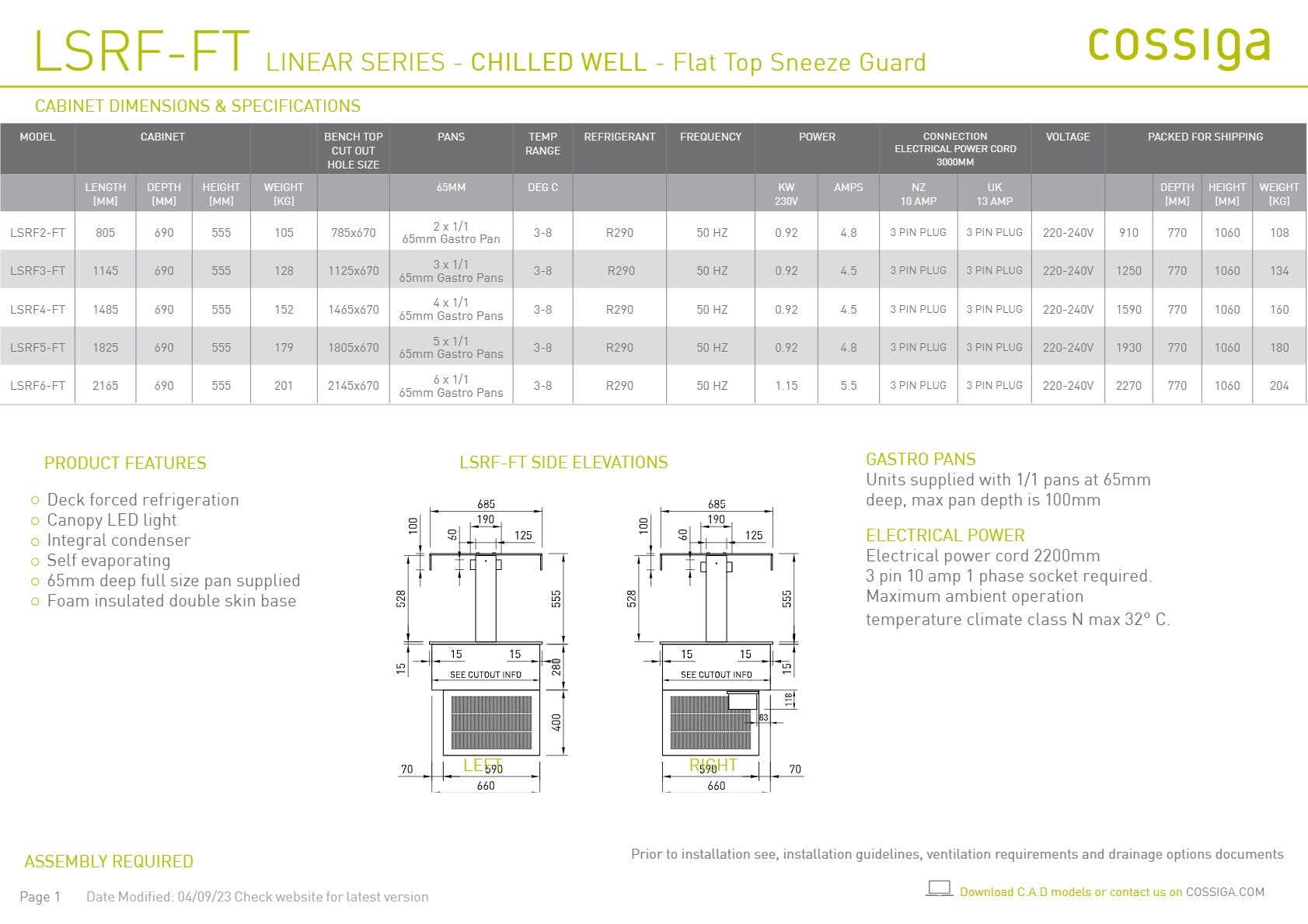 Cossiga Linear Series LSRF3-FT - Drop-In Chilled Well with Flat Top Sneeze Guard