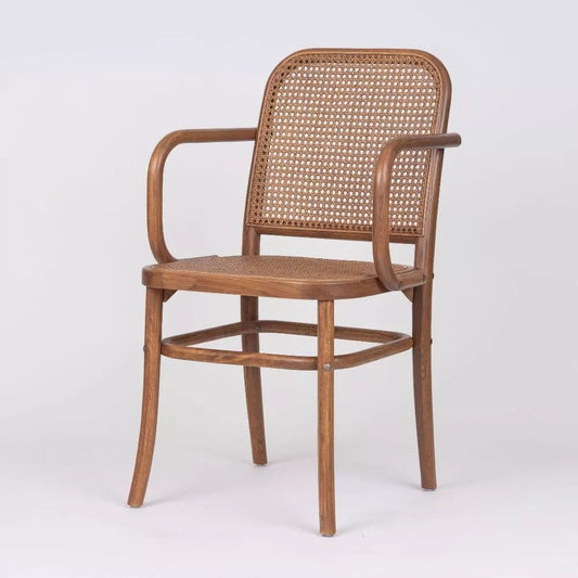 Lucien Oak Timber Arm Chair with Cane Seat and Backrest - Walnut
