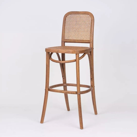 Lucien Oak Timber Bar Stool with Cane Seat and Backrest - Walnut