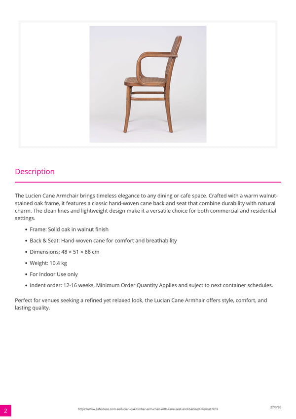 Lucien Oak Timber Arm Chair with Cane Seat and Backrest - Walnut