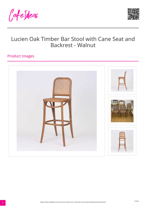 Lucien Oak Timber Bar Stool with Cane Seat and Backrest - Walnut