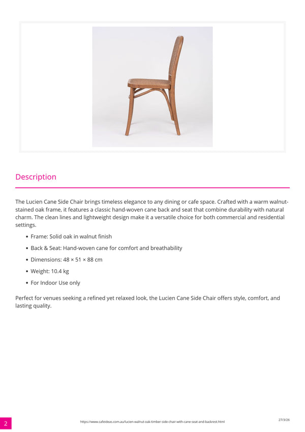Lucien Walnut Oak Timber Side Chair with Cane Seat and Backrest