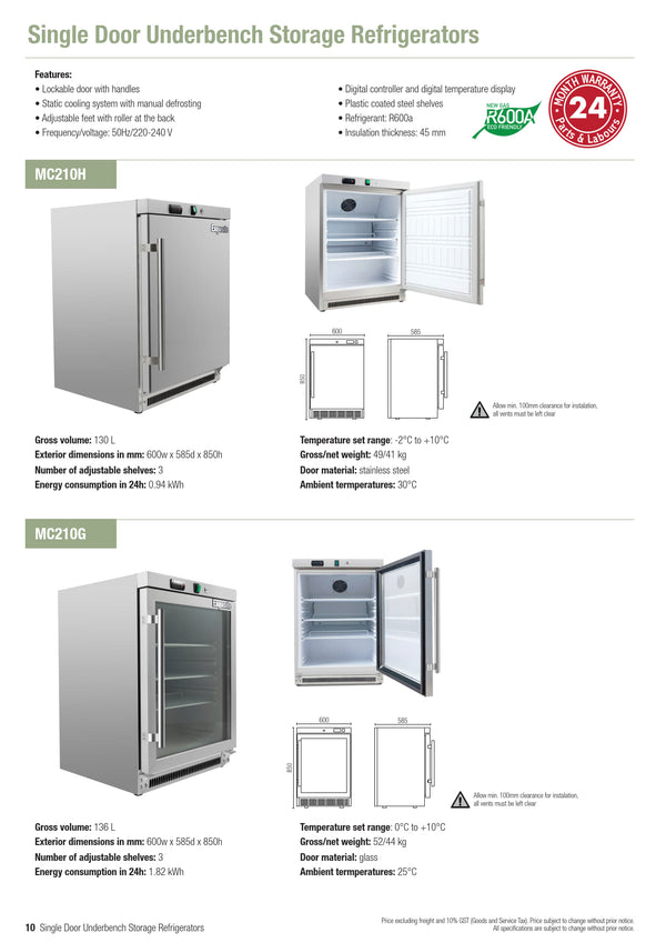 Exquisite MC210G - Glass Door Underbench Fridge