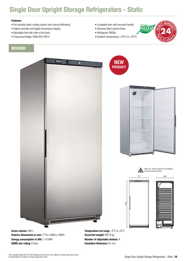 Exquisite MC600H - Solid Door Upright Fridge
