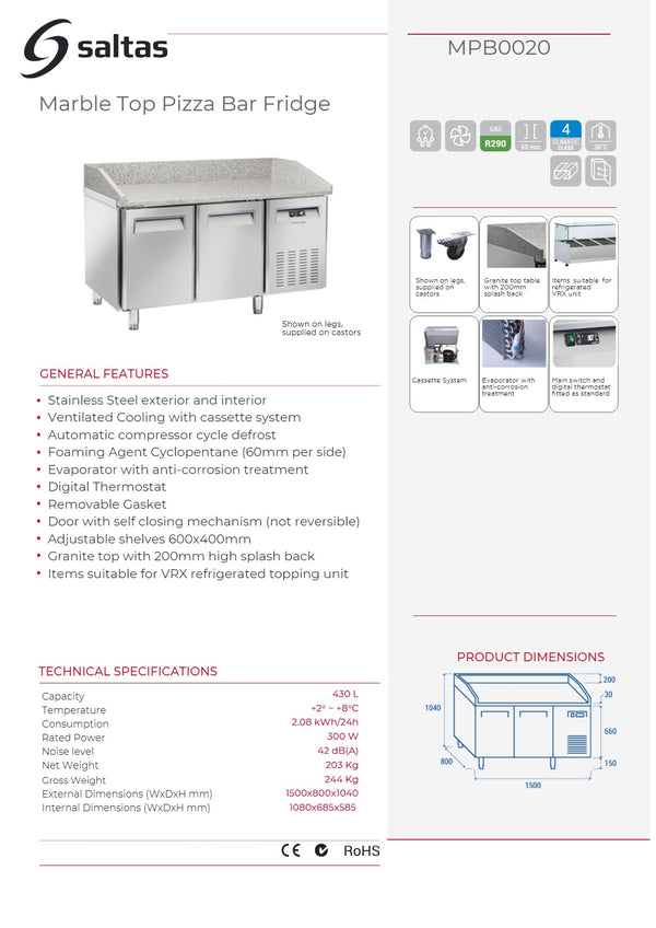 Saltas MPB0020 - Marble Top 2 Door Pizza Fridge
