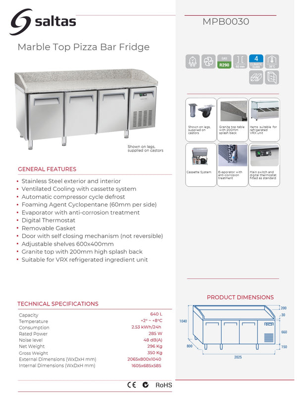 Saltas MPB0030 - Marble Top 3 Door Pizza Fridge