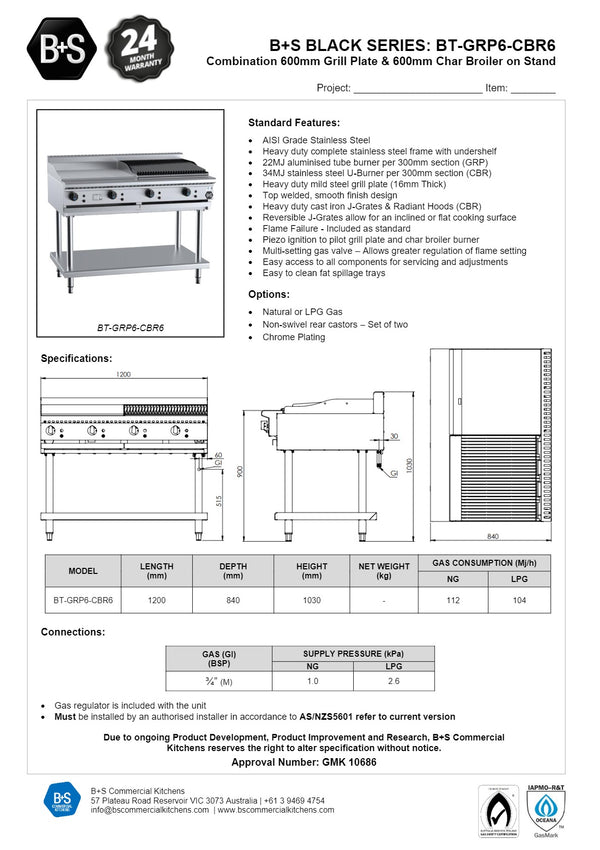 B+S Black BT-GRP6-CBR6 - Combination Griddle & Char Grill