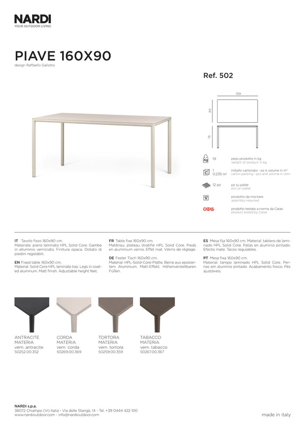 Nardi Piave 160x90cm Rectangular Outdoor Dining Table