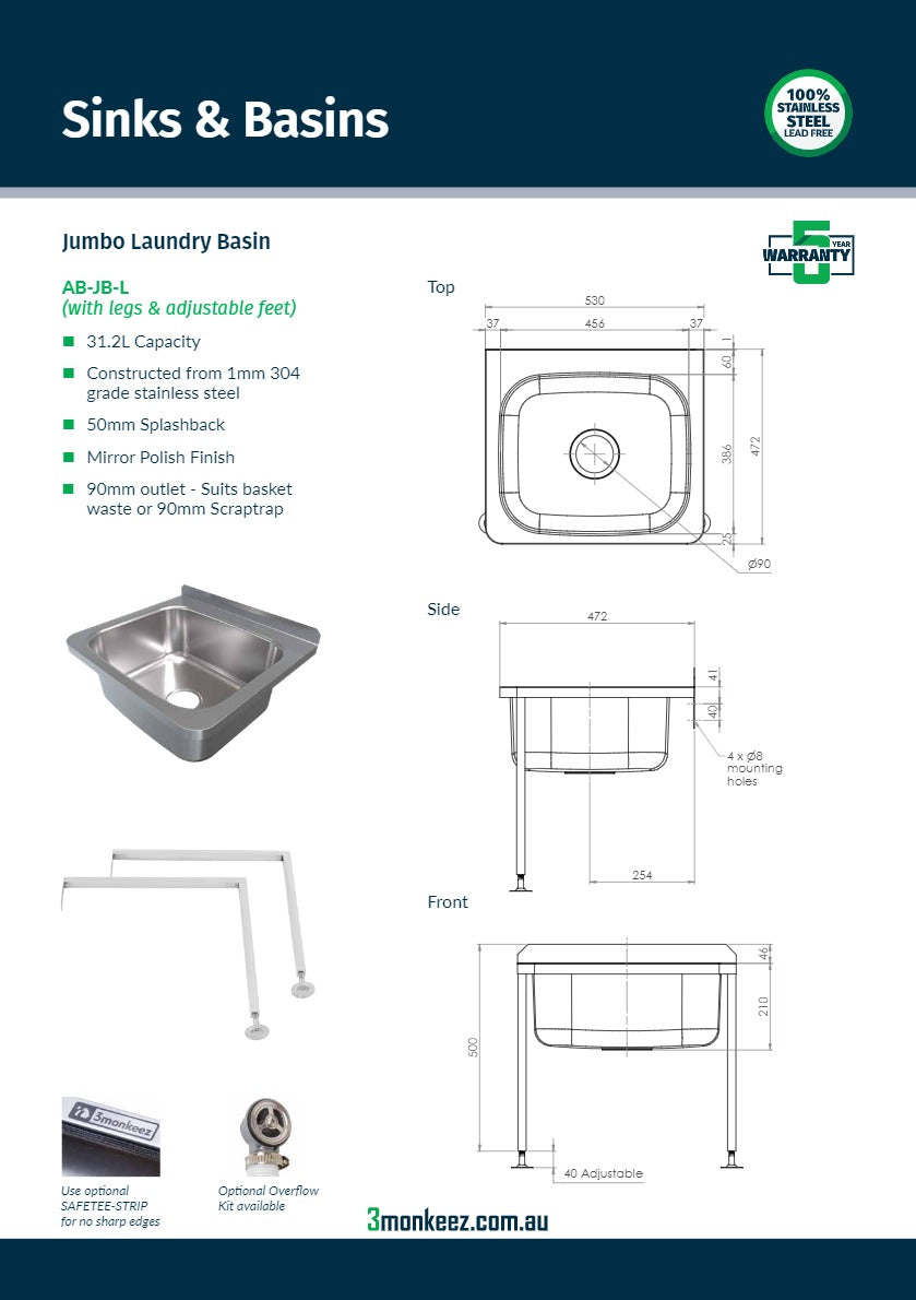 3Monkeez AB-JB-L - Jumbo Laundry Basin with Legs
