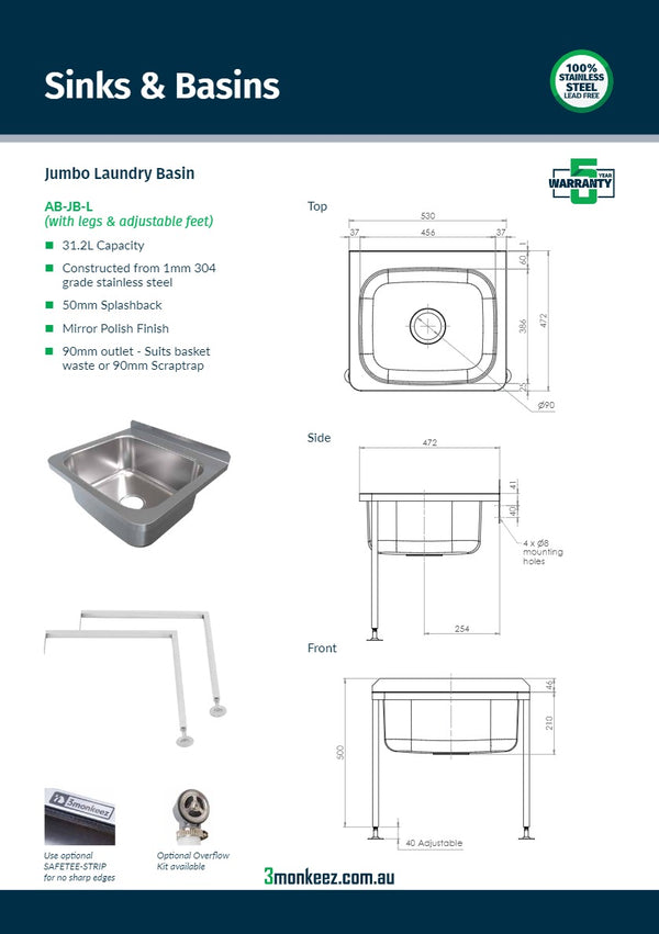 3Monkeez AB-JB-L - Jumbo Laundry Basin with Legs