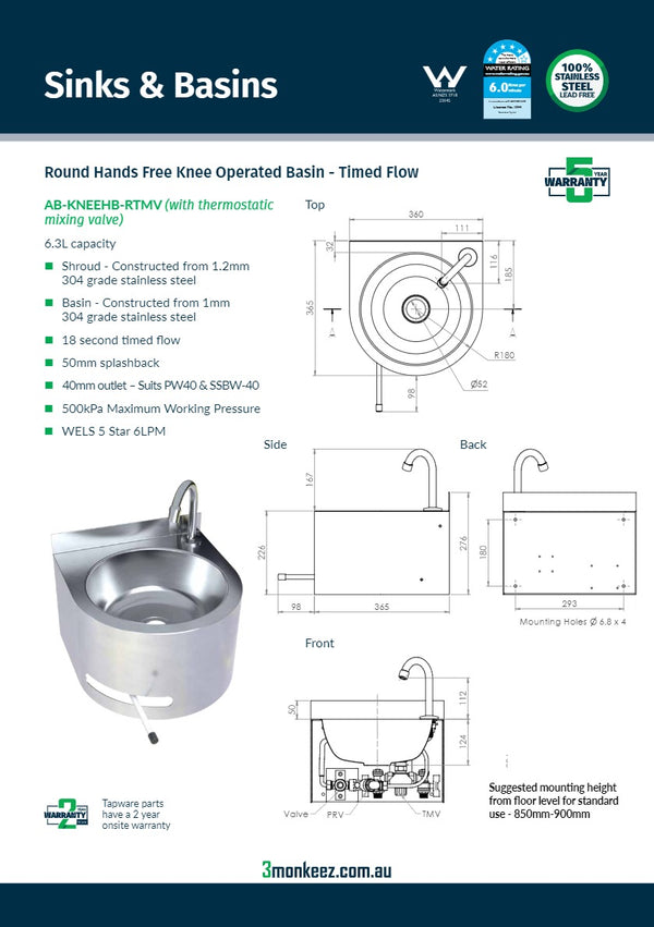 3Monkeez AB-KNEEHB-RTMV - Timed Flow Hands Free Knee Operated Stainless Steel Basin