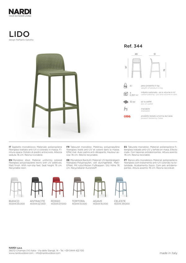 Nardi Lido Outdoor Resin Bar Stool Seat Height 76cm