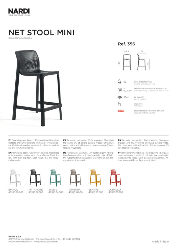 Nardi Net Outdoor Resin Bar Stool Mini Seat Height 65cm