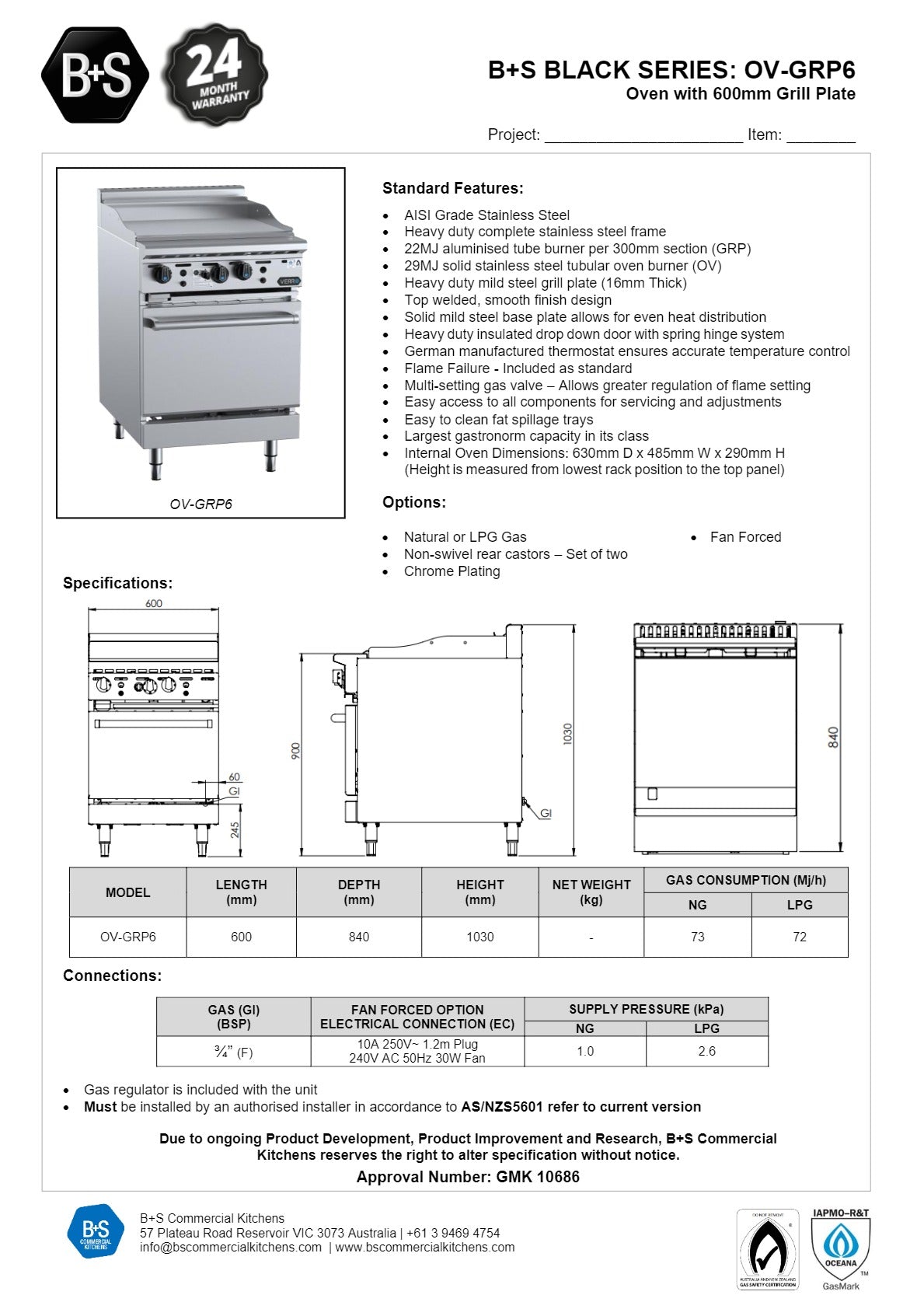 B+S Black OVGRP6 Oven with Grill Plate SilverChef
