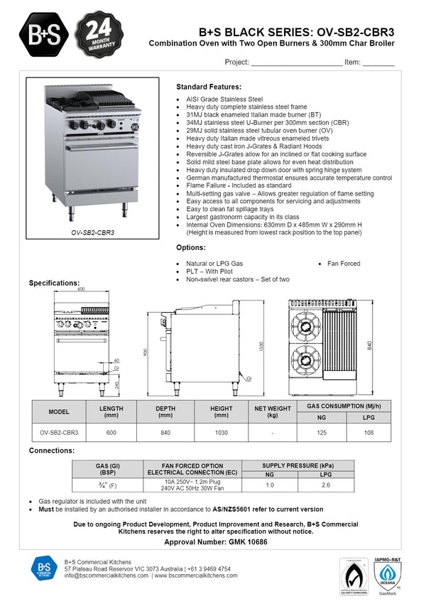 B+S Black OV-SB2-CBR3 - Two Burner Oven with Char Broiler