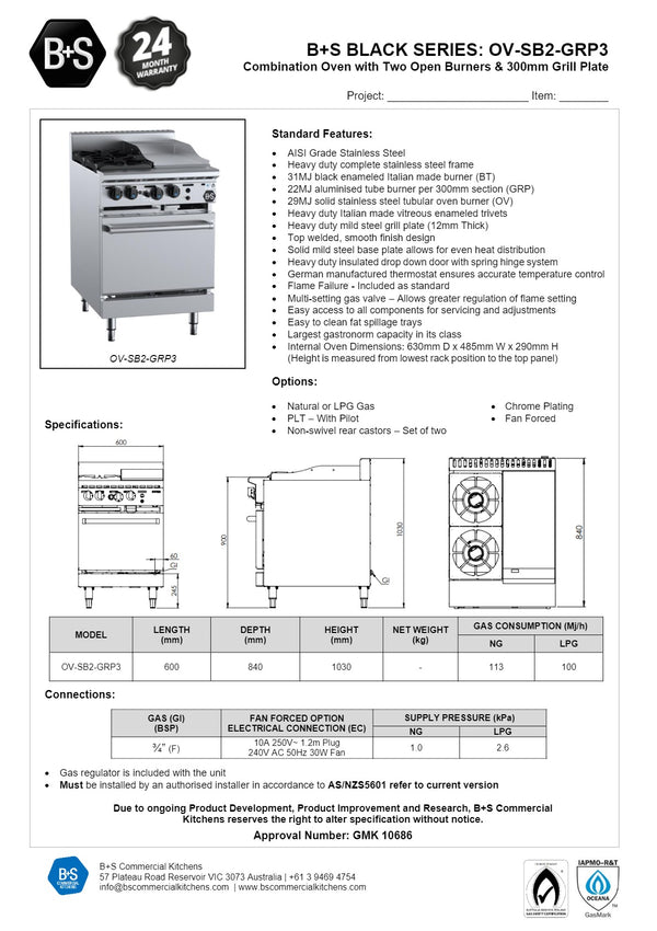 B+S Black OV-SB2-GRP3 - Two Burner Oven with Grill Plate