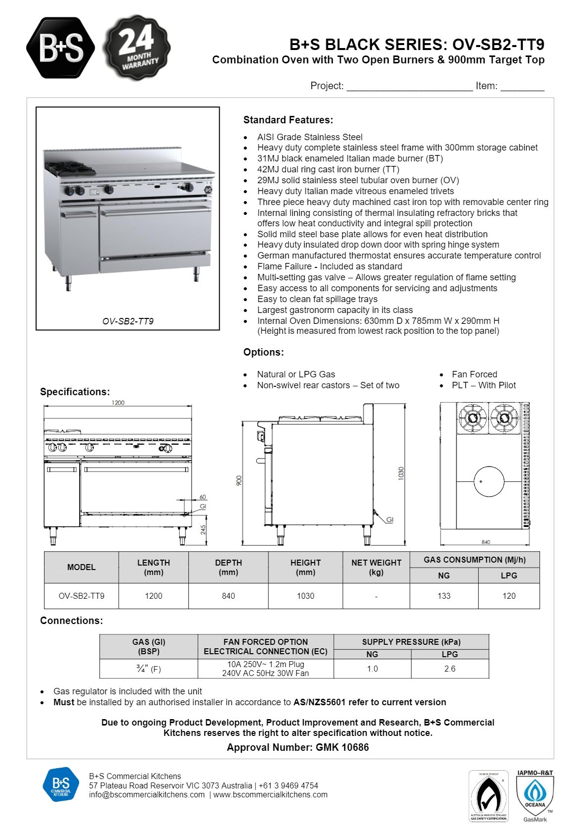 B+S Black OV-SB2-TT9 - Oven with Target Top & Two Burners