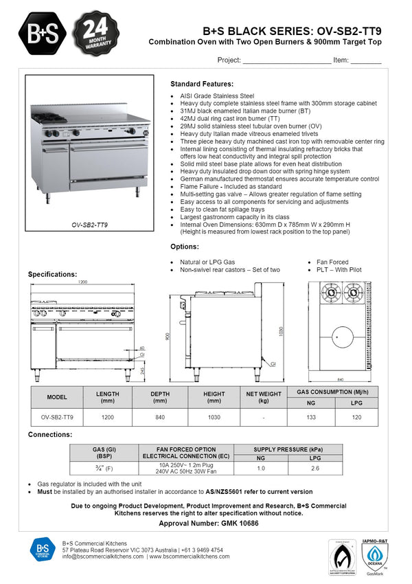 B+S Black OV-SB2-TT9 - Oven with Target Top & Two Burners