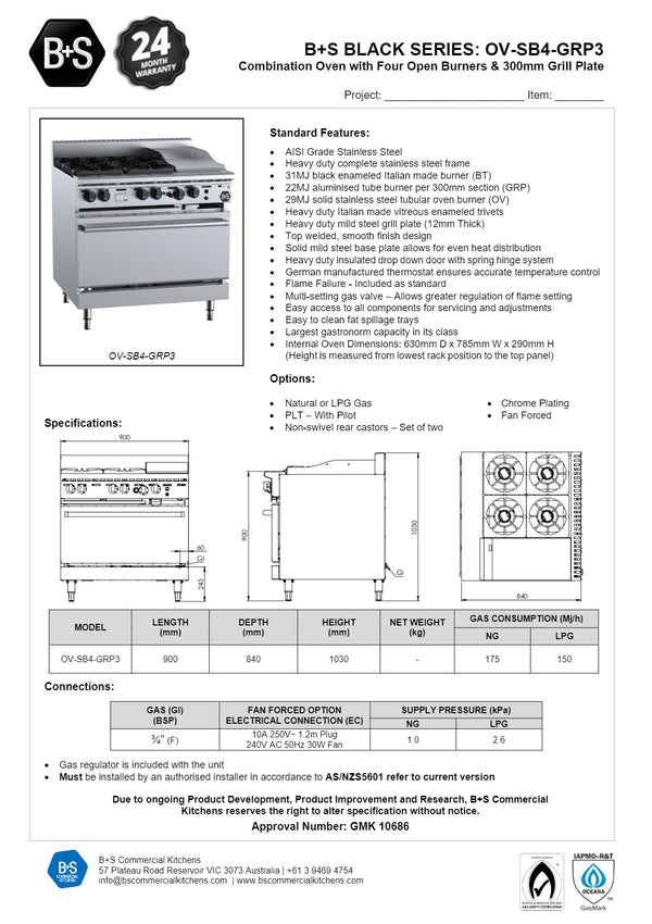 B+S Black OV-SB4-GRP3 - Four Burner Oven with Grill Plate