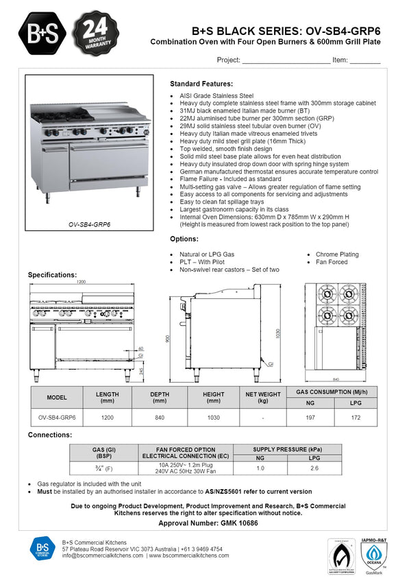 B+S Black OV-SB4-GRP6 - Four Burner Oven with Grill Plate
