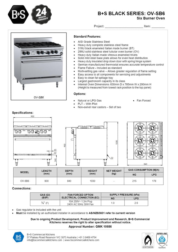B+S Black OV-SB6 - Six Burner Range Oven