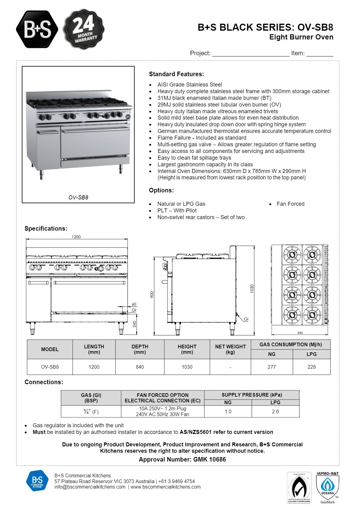 B+S Black OV-SB8 - Eight Burner Range Oven
