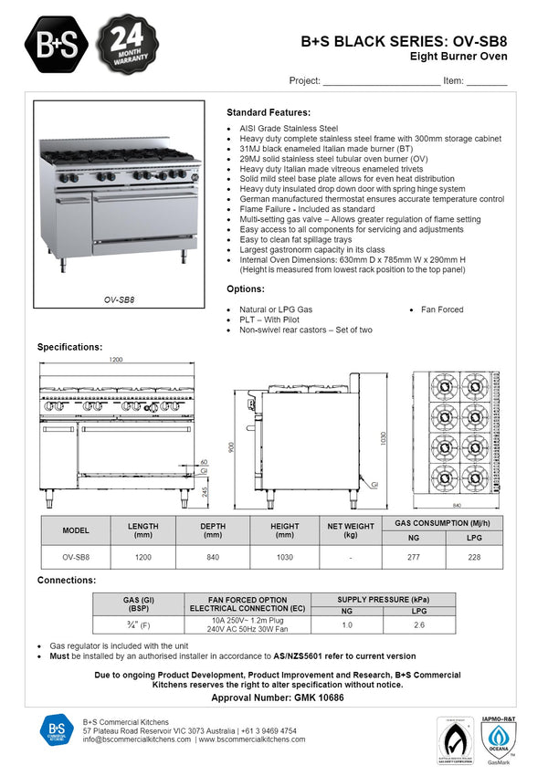 B+S Black OV-SB8 - Eight Burner Range Oven