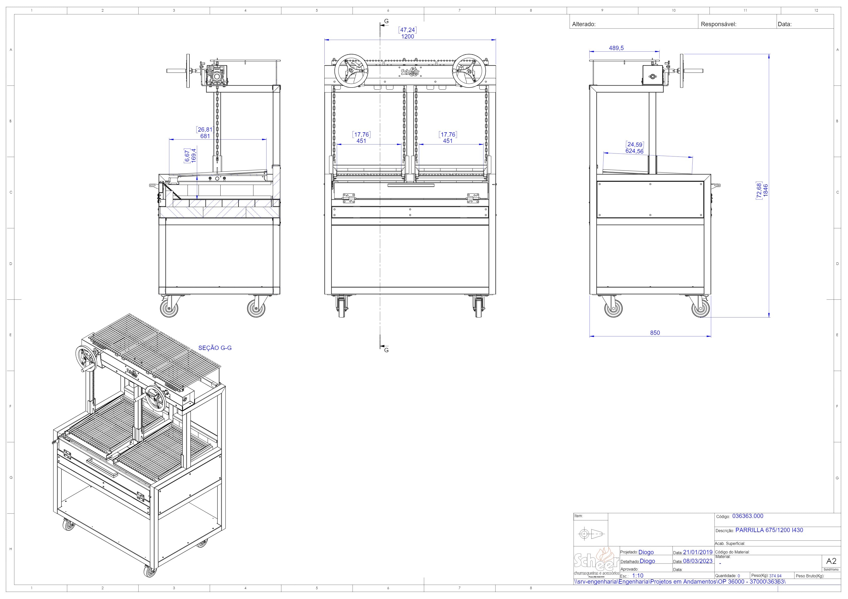 Scheer Proline Parrilla 675 - 1200mm Charcoal/Wood Double Grill