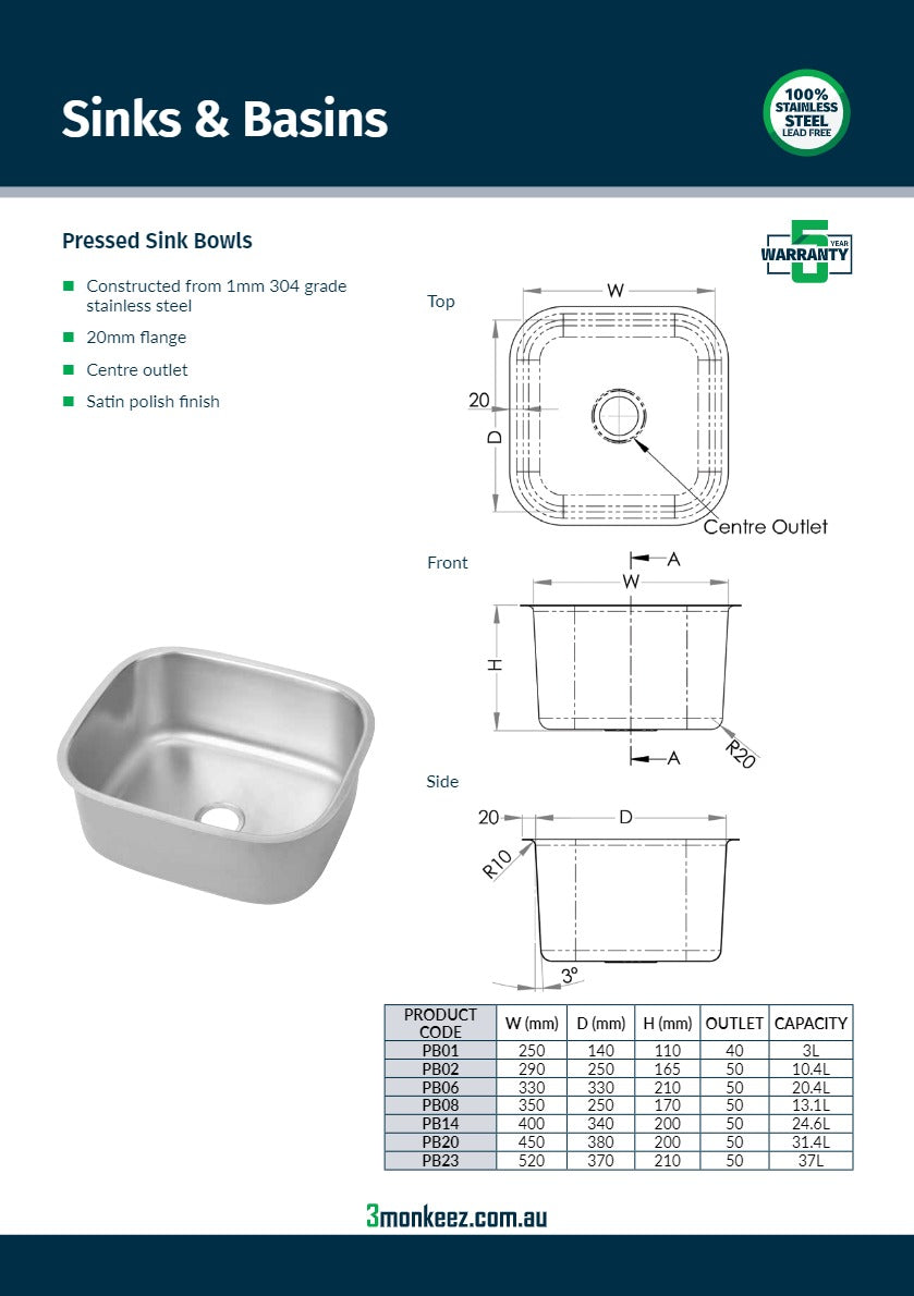 3Monkeez PB06 - Pressed Sink Bowl