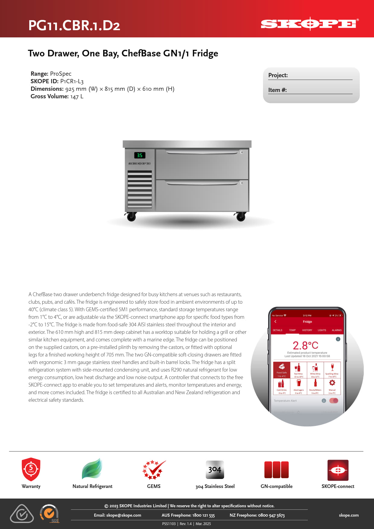 SKOPE ReFlex ChefBase PG11.CBR.1.D2 - Two Drawer Underbench Fridge