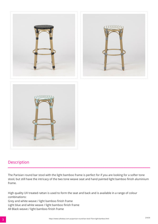 Parisian Round Bar Stool 75cm - Light Bamboo