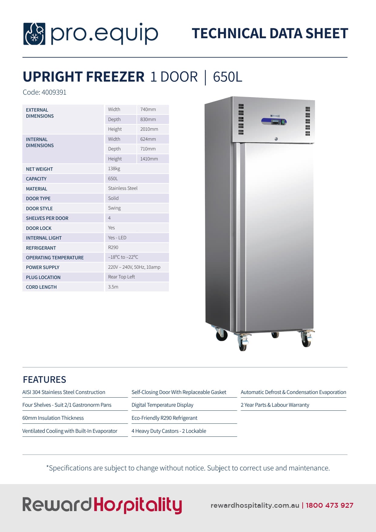 Pro.Equip 650L - Solid Door Upright Freezer