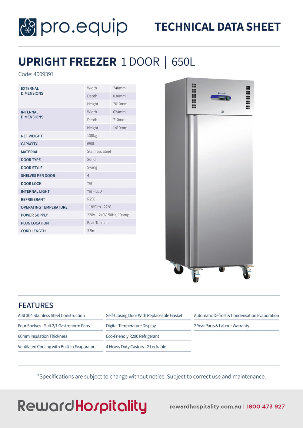 Freezer Progrid Pro.Equip 650L - Solid Door Upright Freezer | SilverChef