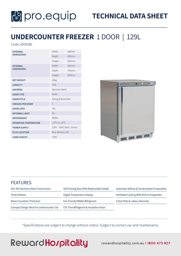 Pro.Equip 129L - Solid Door Undercounter Freezer