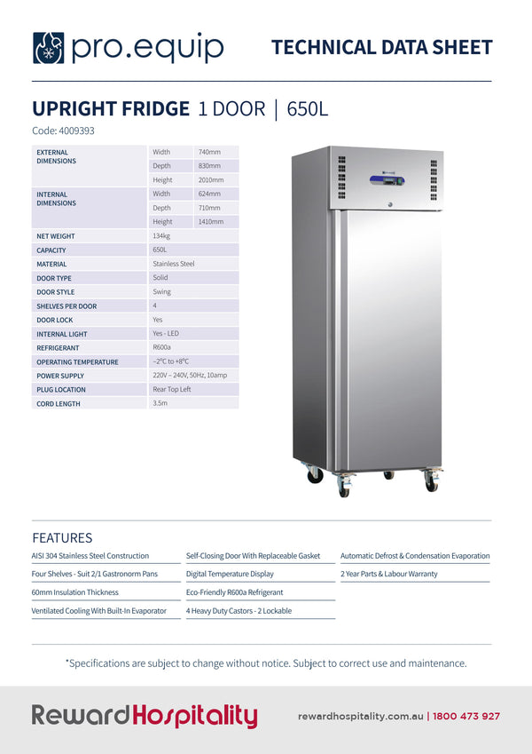 Pro.Equip 650L - Solid Door Upright Fridge