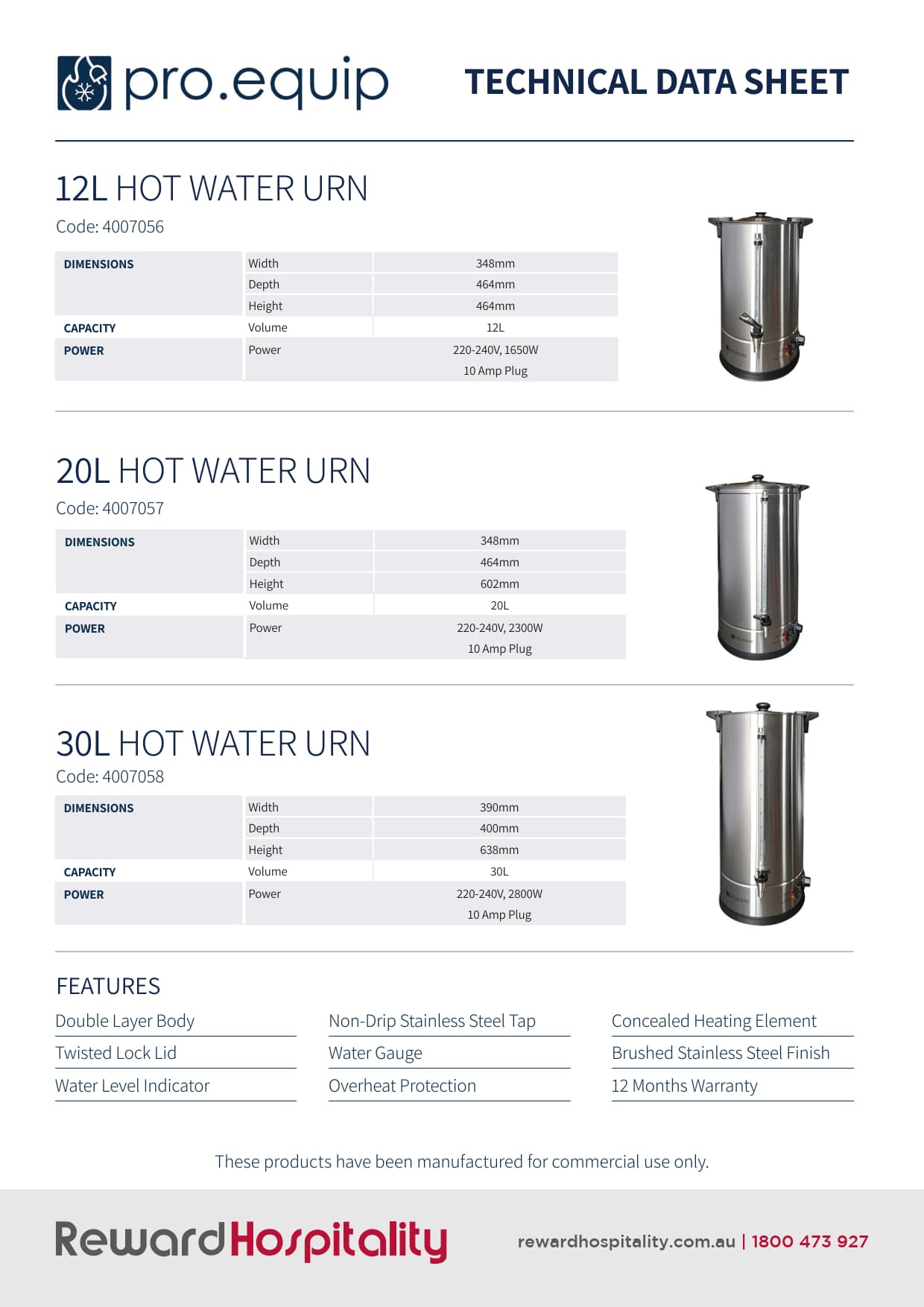 Pro.Equip 30LT - Hot Water Urn