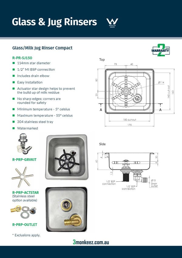 3Monkeez R-PR-SJ150 - Glass/Milk Jug Rinser