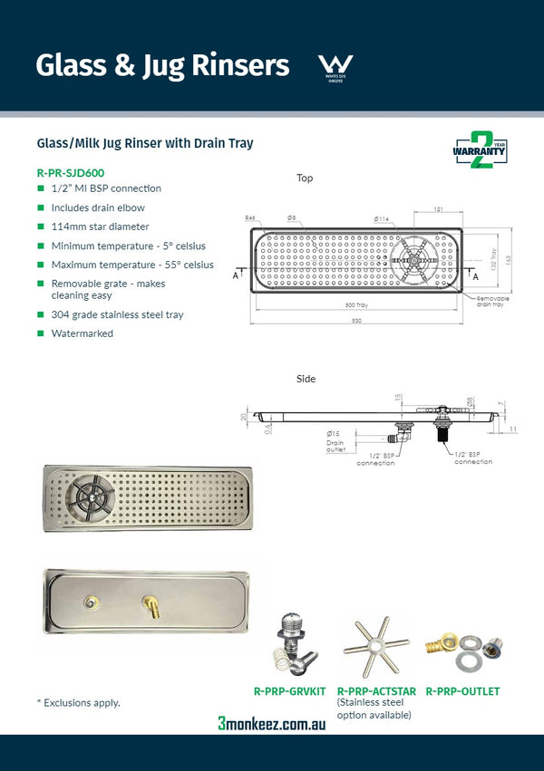 3Monkeez R-PR-SJD600 - Glass/Milk Jug Rinser With Drain Tray